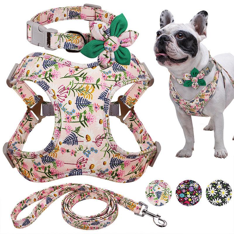 Floral Print Dog Collar Harness Leash Set For Small, Medium, Large Dogs - Stylish Pet Accessories